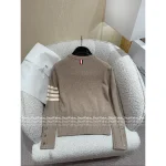 THOM BROWNE 2025 Milk Tea Brown Color Palette ☕️ Detachable Bow Tie Brooch Classic Four-Stripe 100% Wool 🦙 Knit Pullover - Image 9