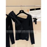 Chanel 2025 Fall/Winter Collection 🎀 3D Handmade Bow Logo Asymmetric Bodycon Knit Dress / Knit Bow Top for Women - Image 10