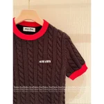 miumiu 2025 Early Fall/Winter Collection ♥️ Colorblock Round Neck Red Jacquard Letter Logo Cable Cashmere Knit Short Sleeve Tee - Image 15