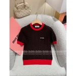 miumiu 2025 Early Fall/Winter Collection ♥️ Colorblock Round Neck Red Jacquard Letter Logo Cable Cashmere Knit Short Sleeve Tee - Image 14