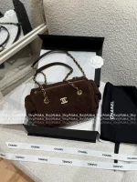 Chanel 2025 Fall/Winter Runway Collection 🐻 Premium Teddy Brown Suede Metal Logo Chain Large Bowling Bag - Image 18