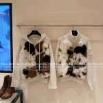 Celine 2025 Early Fall/Winter Collection 🐻 Asymmetric Fur Trim Zip-Front Wool Jacquard Knit Cardigan for Women