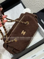 Chanel 2025 Fall/Winter Runway Collection 🐻 Premium Teddy Brown Suede Metal Logo Chain Large Bowling Bag - Image 15