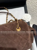 Chanel 2025 Fall/Winter Runway Collection 🐻 Premium Teddy Brown Suede Metal Logo Chain Large Bowling Bag - Image 13
