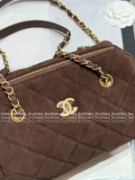 Chanel 2025 Fall/Winter Runway Collection 🐻 Premium Teddy Brown Suede Metal Logo Chain Large Bowling Bag - Image 34