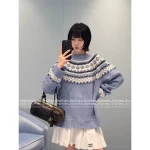 miumiu 2025 Early Fall/Winter Collection ❄️ Blue Snowflake Fair Isle Round Neck Wool Pullover 🐑 - Image 6