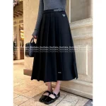 Prada 2025 Early Fall/Winter Collection ▶️ Genuine Leather Logo Accent High-Waist Slimming Artisan Pleated Midi/Maxi Skirt for Women - Image 3
