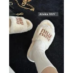 miumiu 2024 Fall/Winter Collection 🐑 Genuine Leather Letter Logo Wool Slippers for Women - Imported Australian Wool Fabric ~ Super Comfortable - Image 4