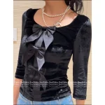Chanel 2025 Runway Collection 🎀 Keeper Piece~ Handmade Silk Satin Bow Round Neck Three-Quarter Sleeve Velvet Top for Women - Image 6