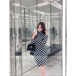 BALMAIN "Heiress of the Chaebol Family" 🖤 2025 Fall/Winter Collection Colorblock Retro Polka Dot Mock Neck Bodycon Pencil Dress - Image 2