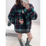 miumiu 2025 Early Fall/Winter Collection 💚 Color-Block Plaid Fleece Zip-Up Furry Jacket Oversized Fit