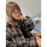 miumiu 2025 Early Fall/Winter Collection 🩶 Color-Block Plaid Fleece Zip-Up Furry Jacket Oversized Fit - Image 8