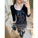 Chanel 2025 Runway Collection 🎀 Keeper Piece~ Handmade Silk Satin Bow Round Neck Three-Quarter Sleeve Velvet Top for Women - Image 5