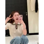 Chanel 2025 Fall/Winter CoCo Neige Ski Collection ❄️ Colorblock Crochet Peter Pan Collar Crystal Bow Embellishment Cashmere Short Sleeve - Image 2
