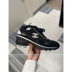 Chanel 2025 Fall/Winter Collection 🖤 Imported Leather Mesh Detail Block Heel Logo Sneakers for Women - Image 4