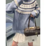 miumiu 2025 Early Fall/Winter Collection ❄️ Blue Snowflake Fair Isle Round Neck Wool Pullover 🐑 - Image 14