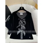 Chanel 2025 Runway Collection 🎀 Keeper Piece~ Handmade Silk Satin Bow Round Neck Three-Quarter Sleeve Velvet Top for Women - Image 2