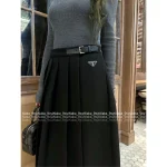 Prada 2025 Early Fall/Winter Collection ▶️ Genuine Leather Logo Accent High-Waist Slimming Artisan Pleated Midi/Maxi Skirt for Women - Image 8