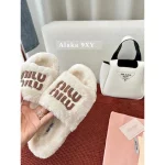 miumiu 2024 Fall/Winter Collection 🐑 Genuine Leather Letter Logo Wool Slippers for Women - Imported Australian Wool Fabric ~ Super Comfortable - Image 10