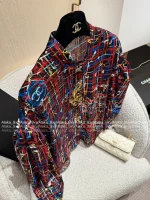 Chanel 2025 Fall/Winter Collection 🌈 Painted Line Print Logo Crystal Button Stand-Collar Silk-Cotton Blouse for Women - Image 5