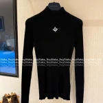 Louis Vuitton 2025 Early Fall/Winter Collection 🔍 Embroidered Logo Mock Neck Black Slim-Fit Wool Knit Base Layer for Women - Slimming & Elegant