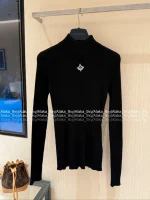 Louis Vuitton 2025 Early Fall/Winter Collection 🔍 Embroidered Logo Mock Neck Black Slim-Fit Wool Knit Base Layer for Women - Slimming & Elegant