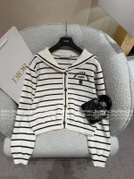 Dior 2025 Fall/Winter Collection ⚓️ Navy Lapel 8️⃣ Letter Logo Black-White Colorblock Striped Wool 🦙 Knit Cardigan - Image 10
