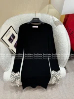 VALENTINO 2025 Fall/Winter Collection 👸 Water-Soluble Lace Cuff Bodycon Stretch Knit Cashmere Dress for Women - Image 19