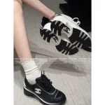 Chanel 2025 Fall/Winter Collection 🖤 Imported Leather Mesh Detail Block Heel Logo Sneakers for Women - Image 17