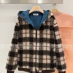miumiu "Reversible Style" 🐻 2025 Early Fall/Winter Collection Fleece Plaid & Denim Patchwork Oversized Furry Jacket for Women
