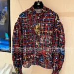 Chanel 2025 Fall/Winter Collection 🌈 Painted Line Print Logo Crystal Button Stand-Collar Silk-Cotton Blouse for Women