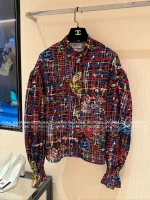 Chanel 2025 Fall/Winter Collection 🌈 Painted Line Print Logo Crystal Button Stand-Collar Silk-Cotton Blouse for Women