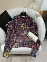 Chanel 2025 Fall/Winter Collection 🌈 Painted Line Print Logo Crystal Button Stand-Collar Silk-Cotton Blouse for Women - Image 19