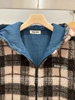 miumiu "Reversible Style" 🐻 2025 Early Fall/Winter Collection Fleece Plaid & Denim Patchwork Oversized Furry Jacket for Women - Image 9