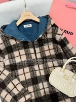 miumiu "Reversible Style" 🐻 2025 Early Fall/Winter Collection Fleece Plaid & Denim Patchwork Oversized Furry Jacket for Women - Image 20