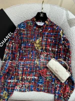 Chanel 2025 Fall/Winter Collection 🌈 Painted Line Print Logo Crystal Button Stand-Collar Silk-Cotton Blouse for Women - Image 16