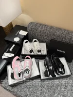 Chanel 2025 Fall/Winter Collection 🖤 Imported Leather Mesh Detail Block Heel Logo Sneakers for Women