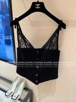 Chanel 2025 Fall/Winter Collection 🖤 Artisan Lace V-Neck Crystal Button Arched Corset Top for Women - Image 25